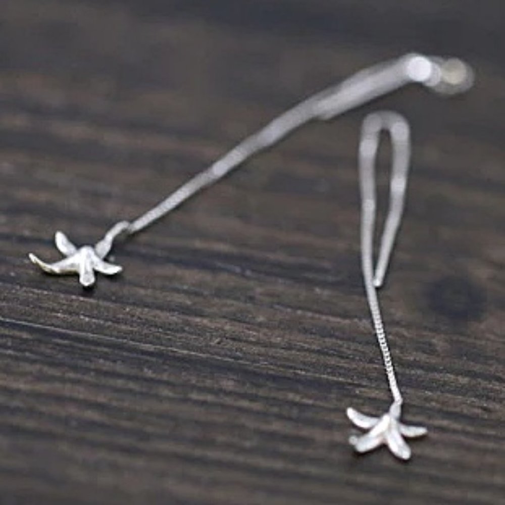 Sterling Silver Starfish Dangle Drop Threader Earrings - Picture 4 of 6